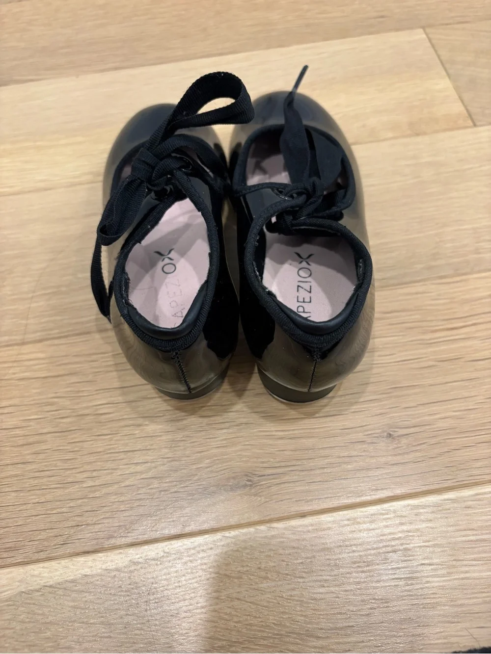 Capezio Black Patent Tap Shoes with Elastic and Ribbon Tie